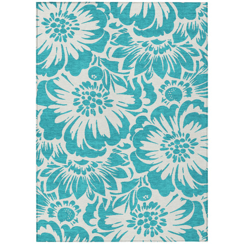 3' X 5' Teal and Ivory Floral Washable Non Skid Indoor Outdoor Area Rug
