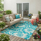 5' X 8' Teal and Ivory Floral Washable Non Skid Indoor Outdoor Area Rug