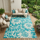 8' X 10' Teal and Ivory Floral Washable Non Skid Indoor Outdoor Area Rug