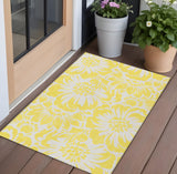 2' X 3' Yellow and Ivory Floral Washable Non Skid Indoor Outdoor Area Rug