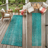 8' Runner Teal Striped Washable Non Skid Indoor Outdoor Runner Rug