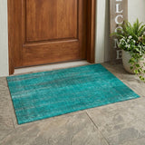 3' X 5' Teal Striped Washable Non Skid Indoor Outdoor Area Rug