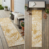 8' Runner Cream and Gold Abstract Washable Non Skid Indoor Outdoor Runner Rug