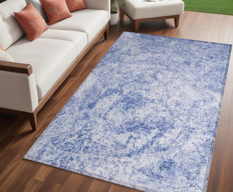 5' X 8' Blue Abstract Washable Non Skid Indoor Outdoor Area Rug