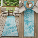 8' Runner Teal Abstract Washable Non Skid Indoor Outdoor Runner Rug