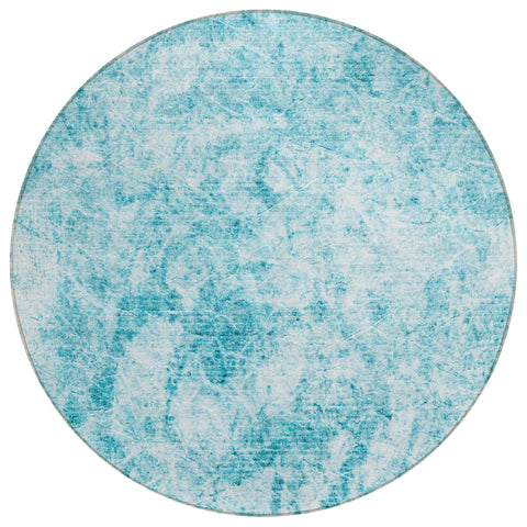 8' Round Teal Round Abstract Washable Non Skid Indoor Outdoor Area Rug