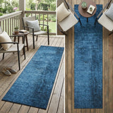 8' Runner Navy Blue Abstract Washable Non Skid Indoor Outdoor Runner Rug