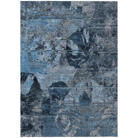 3' X 5' Blue and Dark Blue Abstract Washable Indoor Outdoor Area Rug