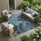 8' X 10' Blue and Dark Blue Floral Washable Non Skid Indoor Outdoor Area Rug