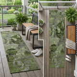 2' X 8' Green and Gray Abstract Washable Indoor Outdoor Runner Rug