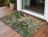 2' X 3' Taupe Blue and Green Floral Washable Non Skid Indoor Outdoor Area Rug