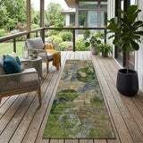 8' Runner Taupe Blue and Green Floral Washable Non Skid Indoor Outdoor Runner Rug