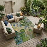 8' X 10' Taupe Blue and Green Floral Washable Non Skid Indoor Outdoor Area Rug