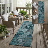 2' X 8' Teal and Gray Abstract Washable Indoor Outdoor Runner Rug