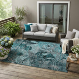 5' X 8' Teal and Gray Floral Washable Non Skid Indoor Outdoor Area Rug