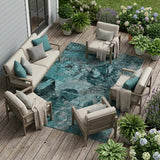 8' X 10' Teal and Gray Floral Washable Non Skid Indoor Outdoor Area Rug