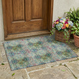 2' X 3' Blue and Green Floral Medallion Washable Non Skid Indoor Outdoor Area Rug