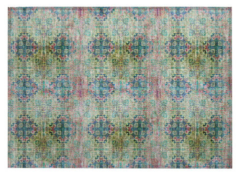 2' X 3' Blue and Green Floral Medallion Washable Non Skid Indoor Outdoor Area Rug