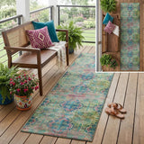 2' X 8' Blue and Green Floral Medallion Washable Non Skid Indoor Outdoor Runner Rug