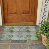 3' X 5' Blue and Green Floral Medallion Washable Non Skid Indoor Outdoor Area Rug
