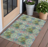 3' X 5' Blue and Green Floral Medallion Washable Non Skid Indoor Outdoor Area Rug