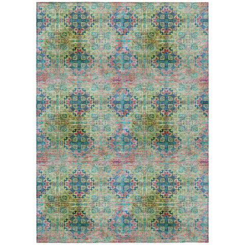 3' X 5' Blue and Green Floral Medallion Washable Non Skid Indoor Outdoor Area Rug