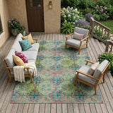 8' X 10' Blue and Green Floral Medallion Washable Non Skid Indoor Outdoor Area Rug