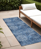 2' X 8' Navy Blue Floral Medallion Washable Non Skid Indoor Outdoor Runner Rug