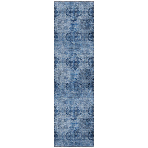 2' X 8' Navy Blue Floral Medallion Washable Non Skid Indoor Outdoor Runner Rug