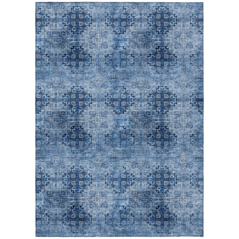 5' X 8' Navy Blue Floral Medallion Washable Non Skid Indoor Outdoor Area Rug
