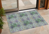 2' X 3' Purple and Green Floral Medallion Washable Non Skid Indoor Outdoor Area Rug