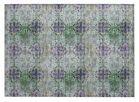 2' X 3' Purple and Green Floral Medallion Washable Non Skid Indoor Outdoor Area Rug