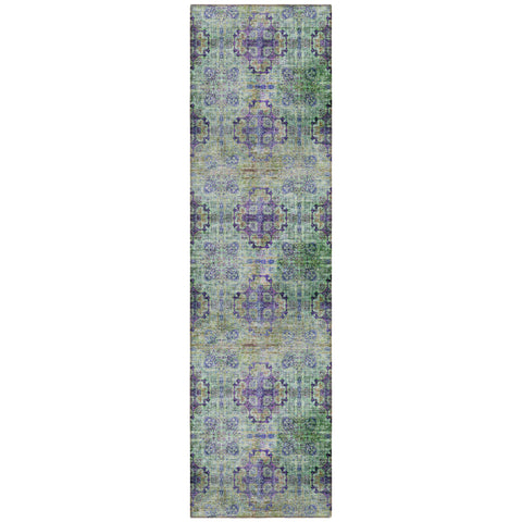 2' X 8' Purple and Green Floral Medallion Washable Non Skid Indoor Outdoor Runner Rug