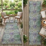 2' X 8' Purple and Green Floral Medallion Washable Non Skid Indoor Outdoor Runner Rug