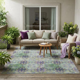 5' X 8' Purple and Green Floral Medallion Washable Non Skid Indoor Outdoor Area Rug
