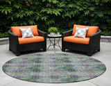 8' X 8' Purple and Green Round Floral Medallion Washable Non Skid Indoor Outdoor Area Rug