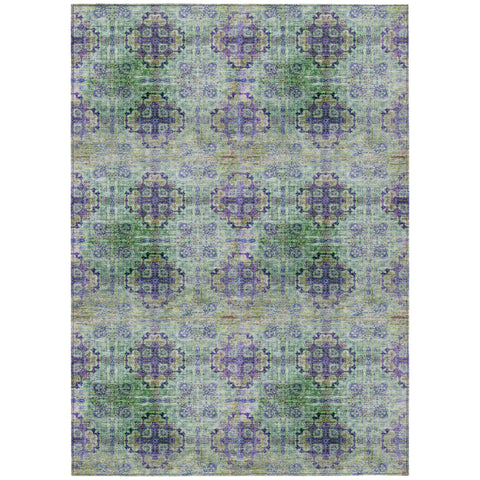 8' X 10' Purple and Green Floral Medallion Washable Non Skid Indoor Outdoor Area Rug