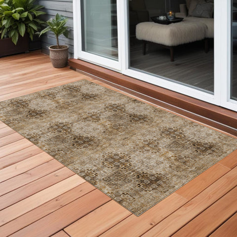 2' X 3' Taupe Floral Medallion Washable Non Skid Indoor Outdoor Area Rug