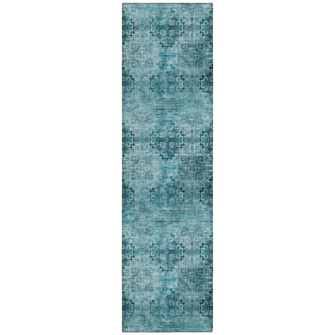 2' X 8' Teal Floral Medallion Washable Non Skid Indoor Outdoor Runner Rug