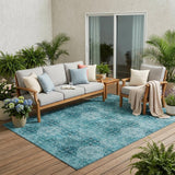 5' X 8' Teal Floral Medallion Washable Non Skid Indoor Outdoor Area Rug