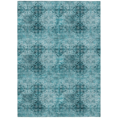 8' X 10' Teal Floral Medallion Washable Non Skid Indoor Outdoor Area Rug