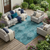 8' X 10' Teal Floral Medallion Washable Non Skid Indoor Outdoor Area Rug