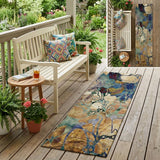 2' X 8' Beige and Blue Abstract Washable Indoor Outdoor Runner Rug