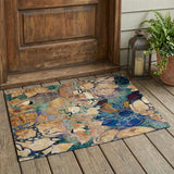 3' X 5' Beige and Blue Abstract Washable Indoor Outdoor Area Rug