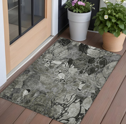 2' X 3' Gray Abstract Washable Indoor Outdoor Area Rug