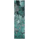 2' X 8' Teal Black and Gray Abstract Washable Indoor Outdoor Runner Rug