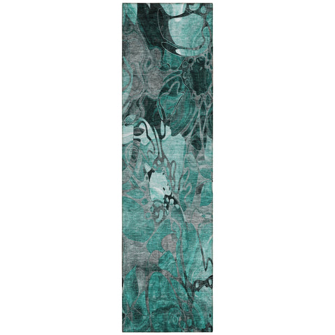 2' X 8' Teal Black and Gray Abstract Washable Indoor Outdoor Runner Rug