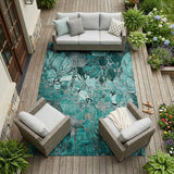 8' X 10' Teal Black and Gray Abstract Washable Indoor Outdoor Area Rug