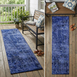 8' Runner Navy Blue Abstract Washable Non Skid Indoor Outdoor Runner Rug