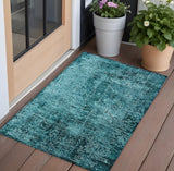2' X 3' Teal Abstract Washable Non Skid Indoor Outdoor Area Rug